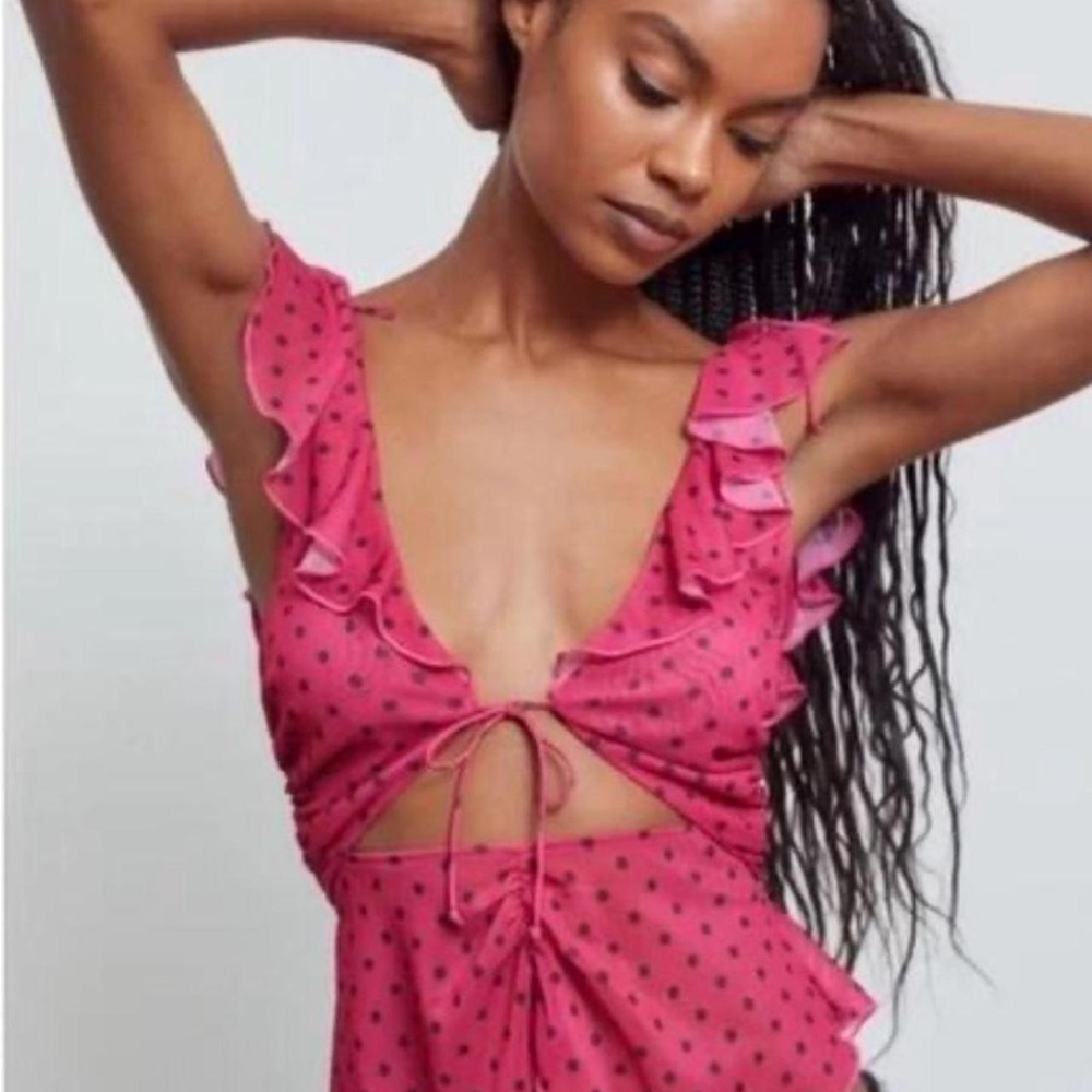 Urban Outfitters Pink Ruffle Tie-Front Polkadot Blouse